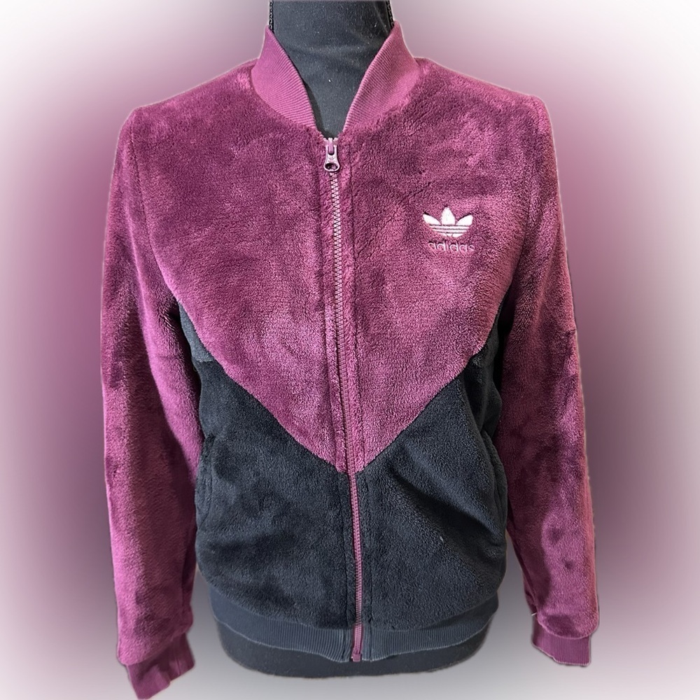 Womens Adidas CLRDO Track Jacket Wine/Blck Velvet Feel - Picture 2 of 10
